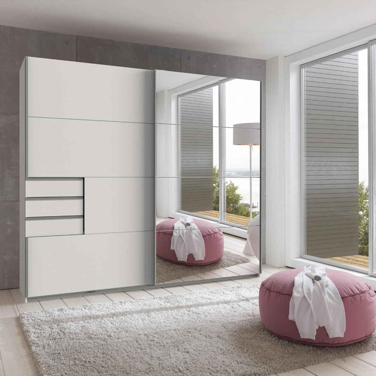 Cambridge White 225cm Sliding Door Wardrobe with Mirror and Drawer Detail
