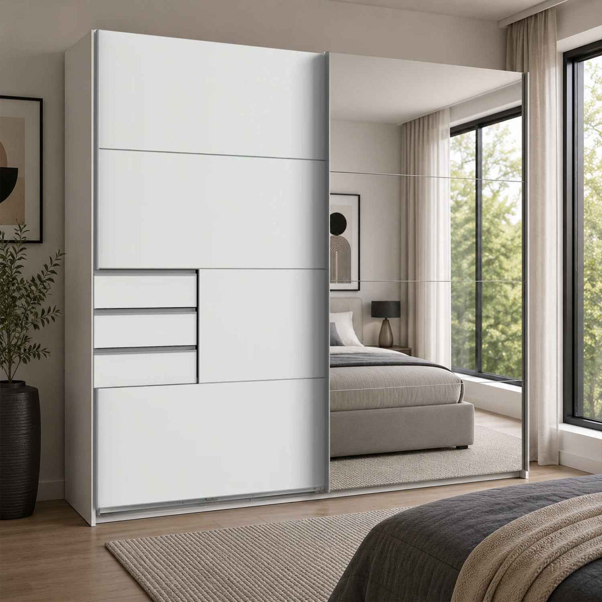 Cambridge White 225cm Sliding Door Wardrobe with Mirror and Drawer Detail