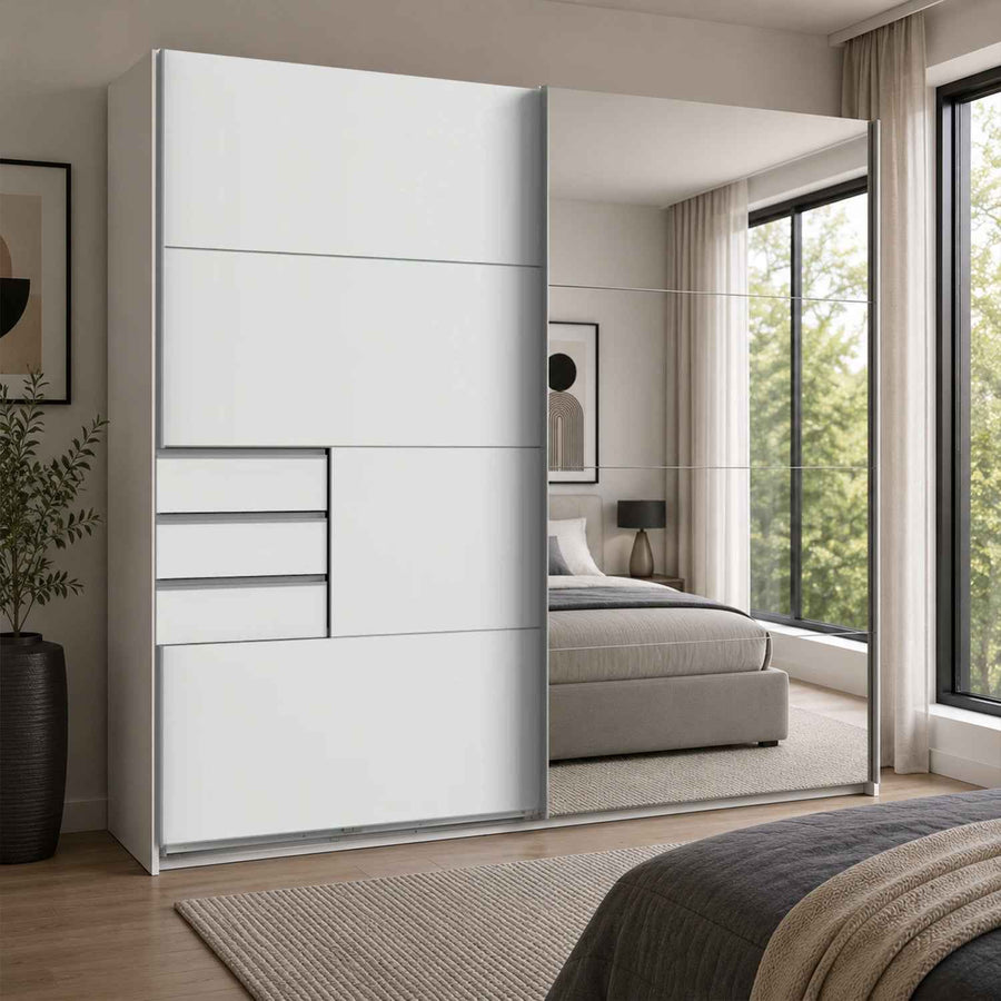 Cambridge White 225cm Sliding Door Wardrobe with Mirror and Drawer Detail