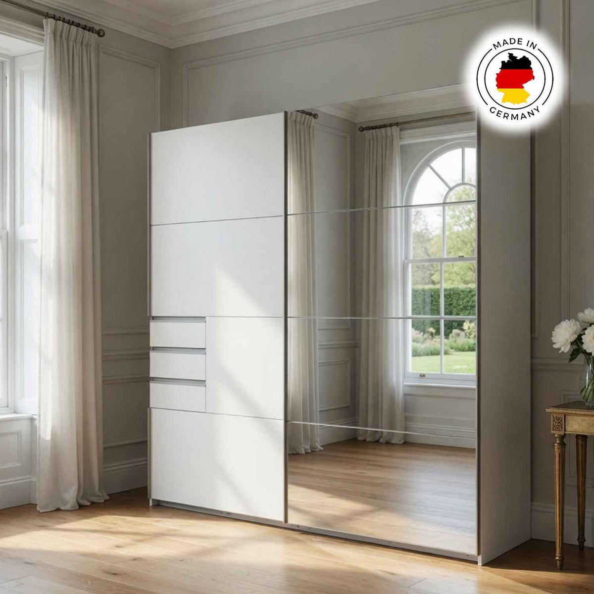 Cambridge White 225cm Sliding Door Wardrobe with Mirror and Drawer Detail
