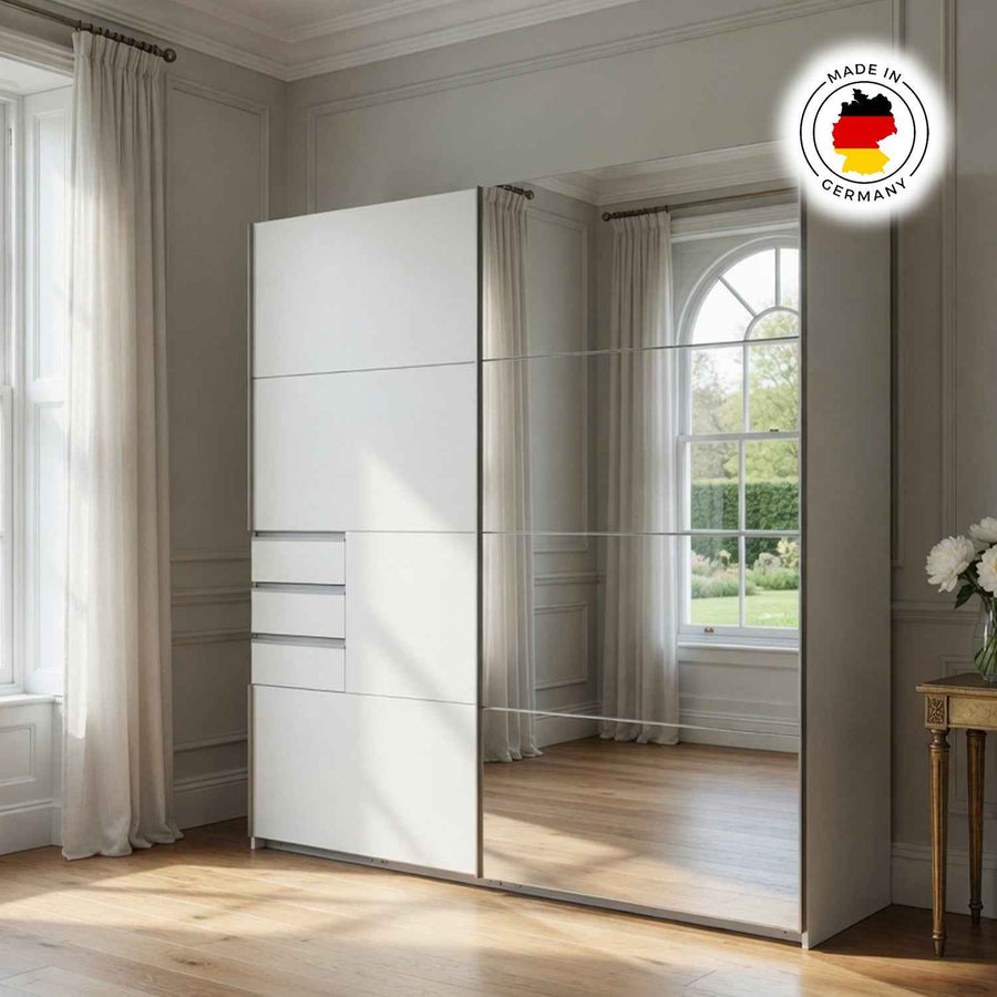 Cambridge White 225cm Sliding Door Wardrobe with Mirror and Drawer Detail