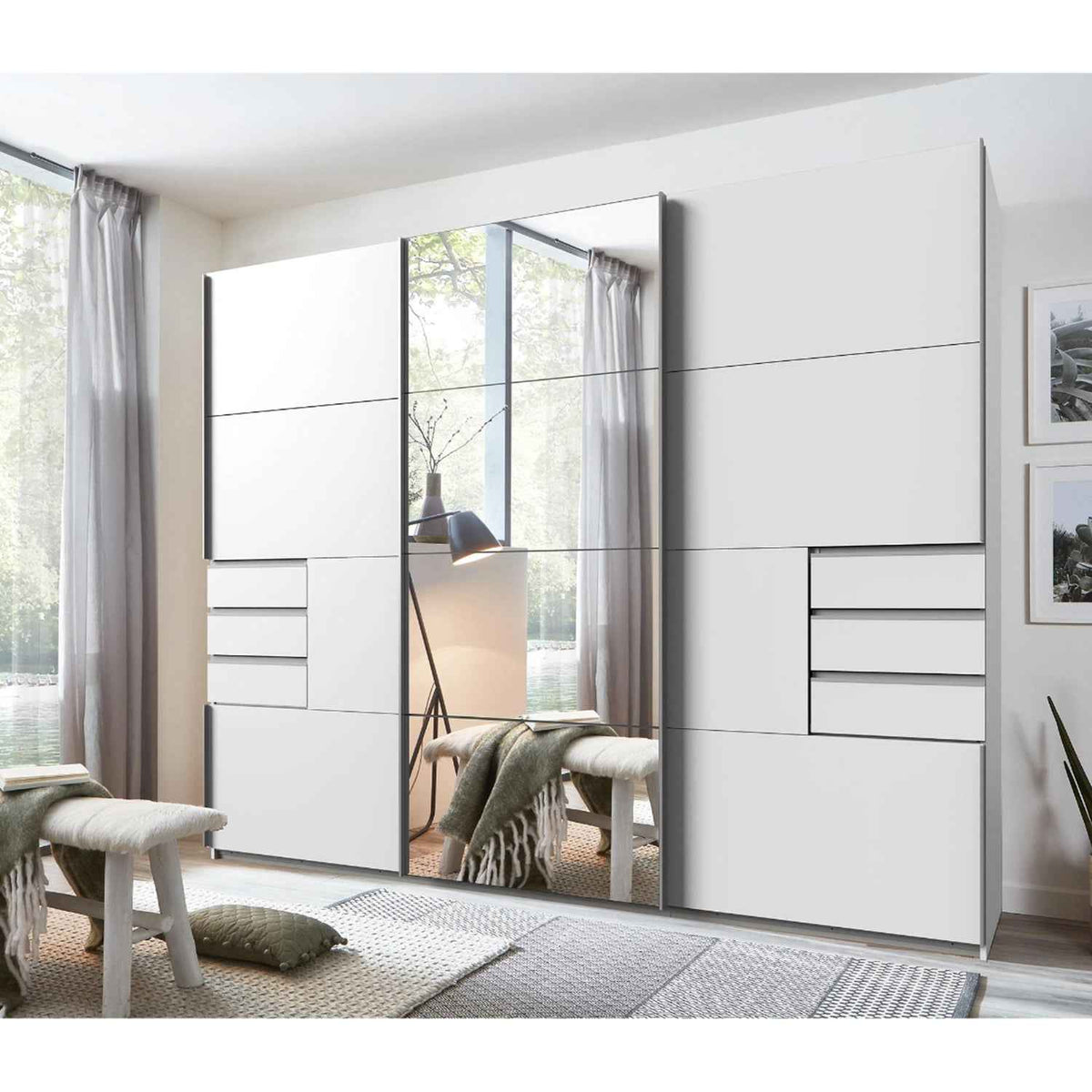 Cambridge White 270cm Sliding Door Wardrobe with Mirror and Drawer Detail
