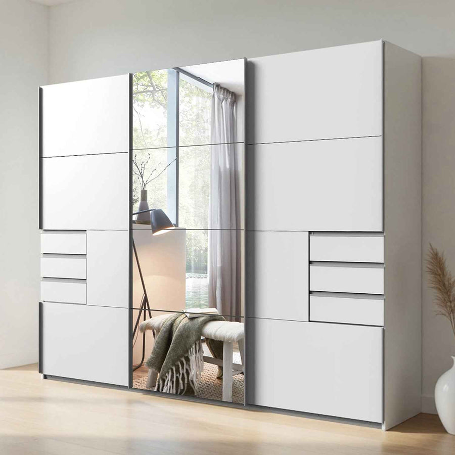 Cambridge White 270cm Sliding Door Wardrobe with Mirror and Drawer Detail