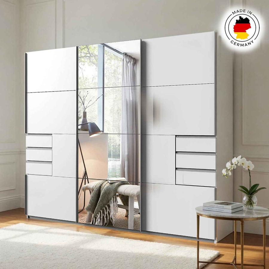 Cambridge White 270cm Sliding Door Wardrobe with Mirror and Drawer Detail