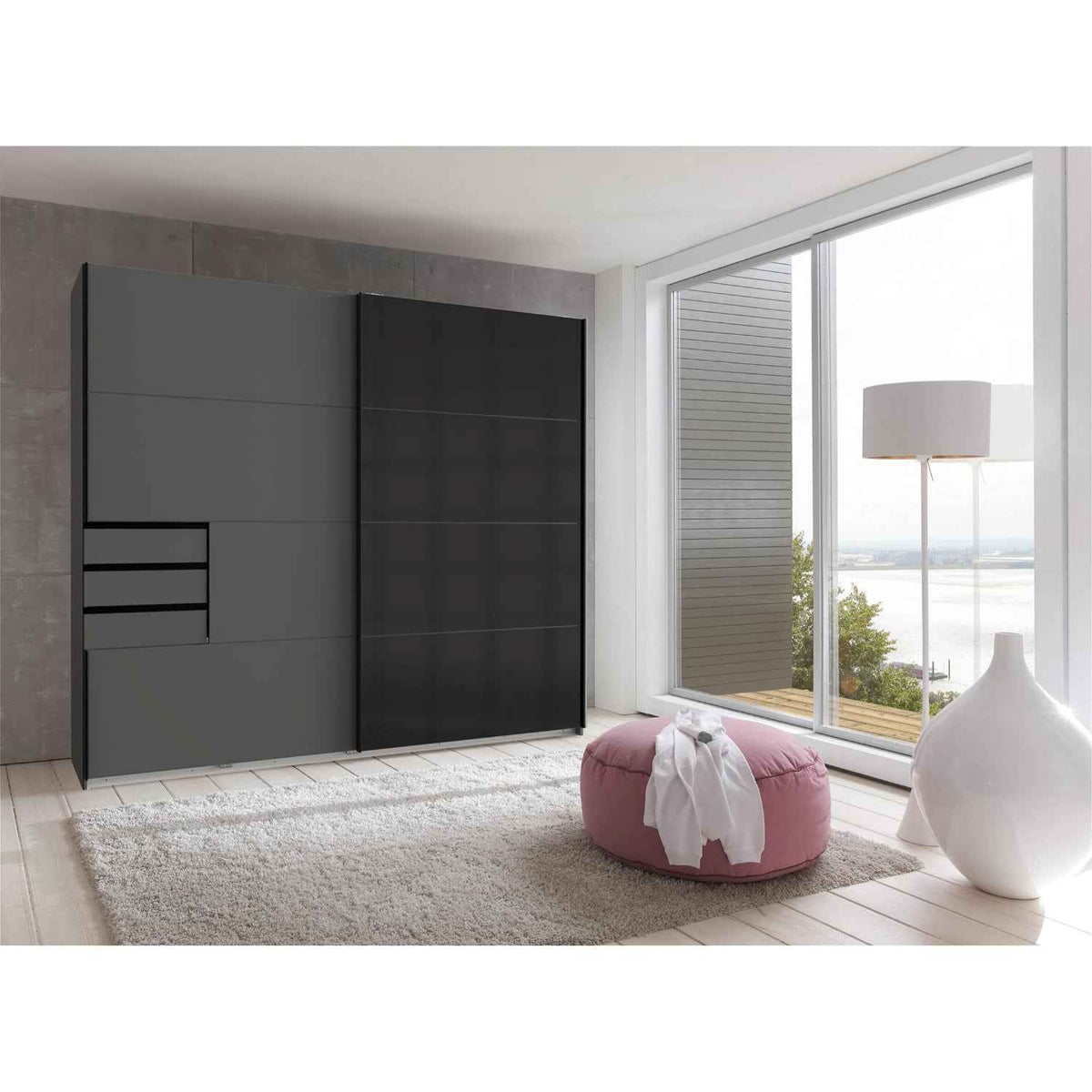 Cambridge 225cm Sliding Wardrobe in Graphite with Black Glass Doors