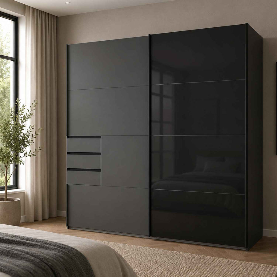 Cambridge 225cm Sliding Wardrobe in Graphite with Black Glass Doors