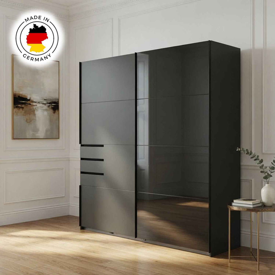 Cambridge 225cm Sliding Wardrobe in Graphite with Black Glass Doors