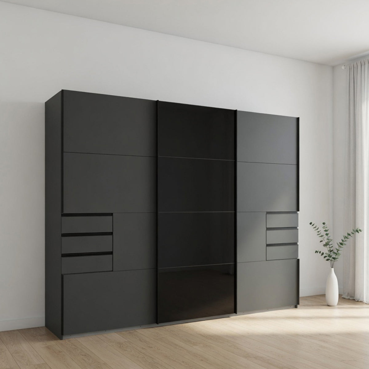Cambridge 3 Door Sliding Wardrobe in Graphite with Black Glass Centre Door - image 7