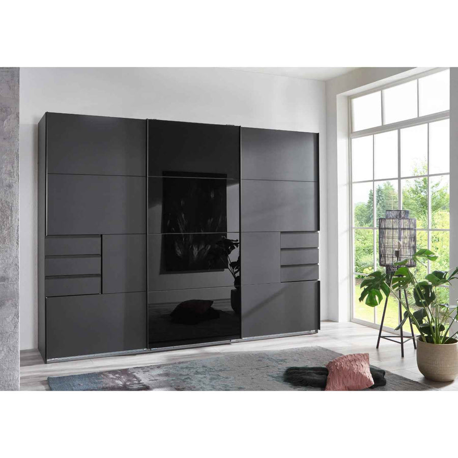 Cambridge 3 Door Sliding Wardrobe in Graphite with Black Glass Centre Door