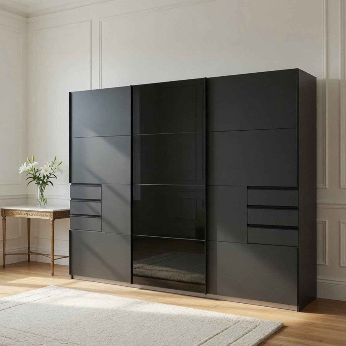 Cambridge 3 Door Sliding Wardrobe in Graphite with Black Glass Centre Door