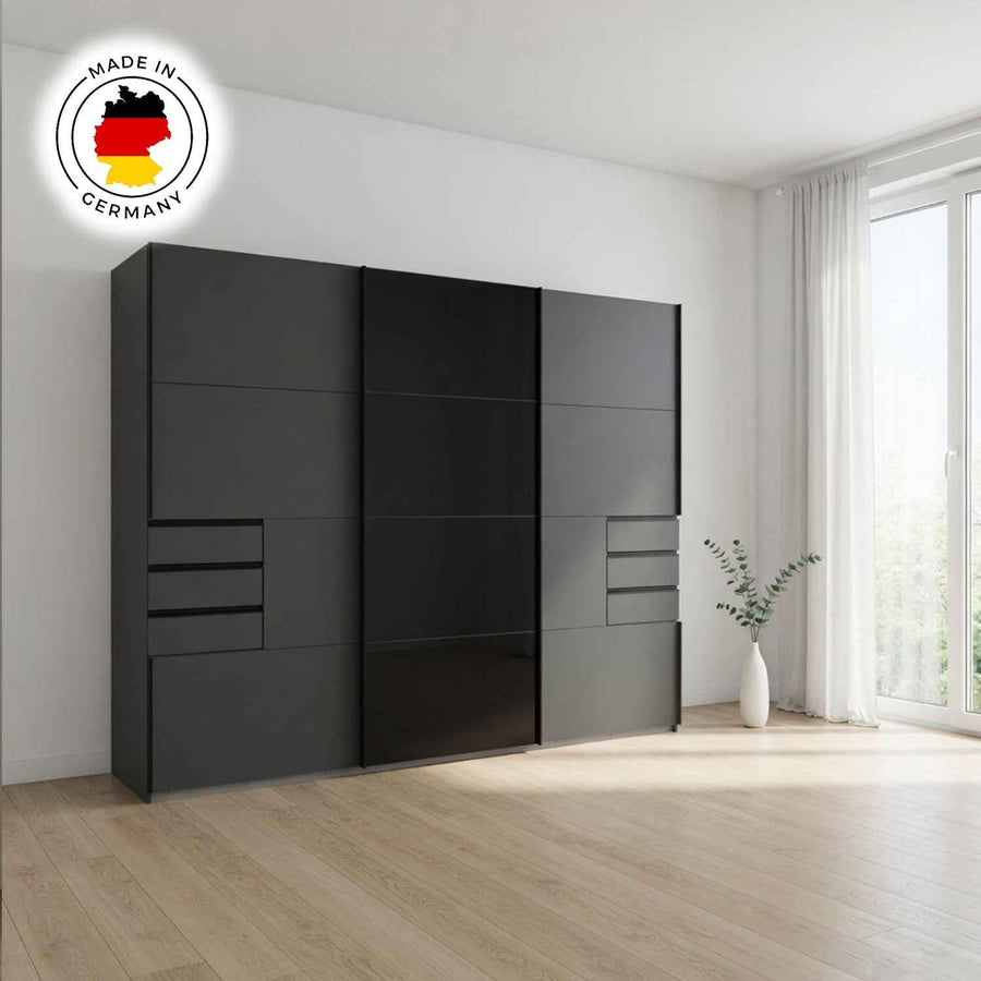 Cambridge 3 Door Sliding Wardrobe in Graphite with Black Glass Centre Door