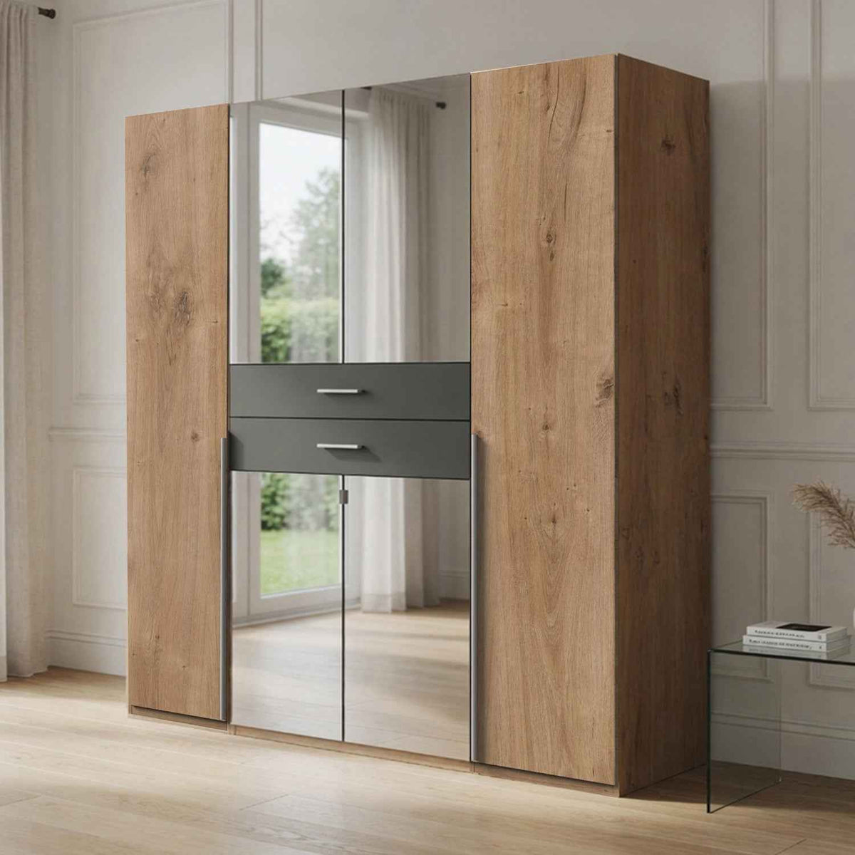 Dorchester Planked Oak and Graphite 4 Door Wardrobe with Mirrors and Drawers