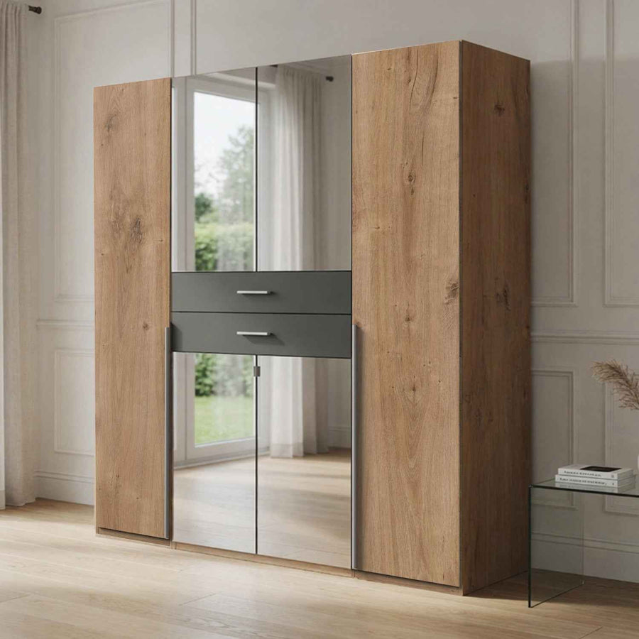 Dorchester Planked Oak and Graphite 4 Door Wardrobe with Mirrors and Drawers