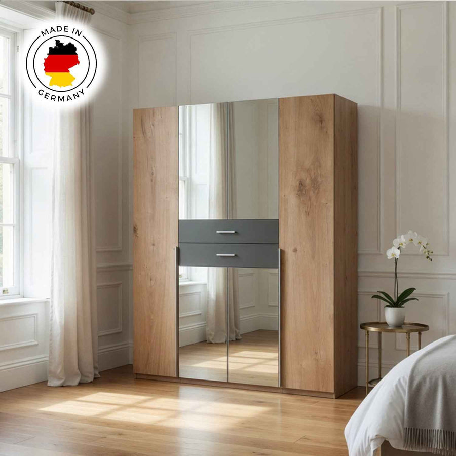 Dorchester Planked Oak and Graphite 4 Door Wardrobe with Mirrors and Drawers