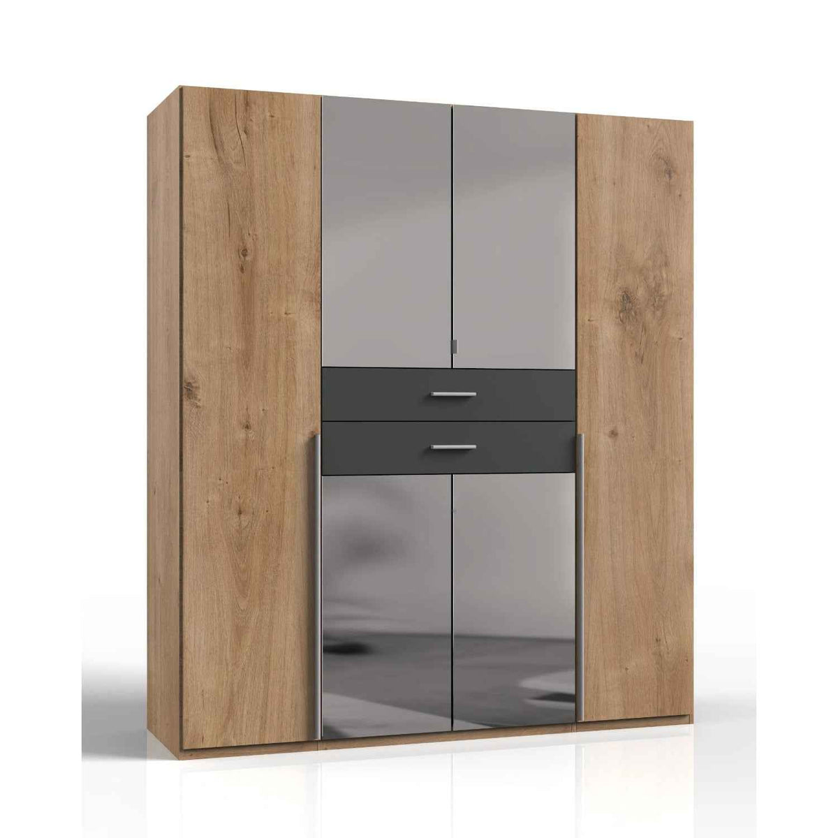 Dorchester Planked Oak and Graphite 4 Door Wardrobe with Mirrors and Drawers