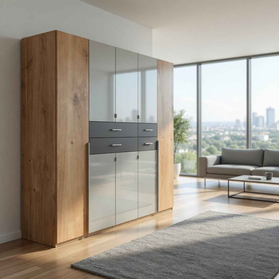 Dorchester Planked Oak and Graphite 5 Door Wardrobe with Mirrors and Drawers