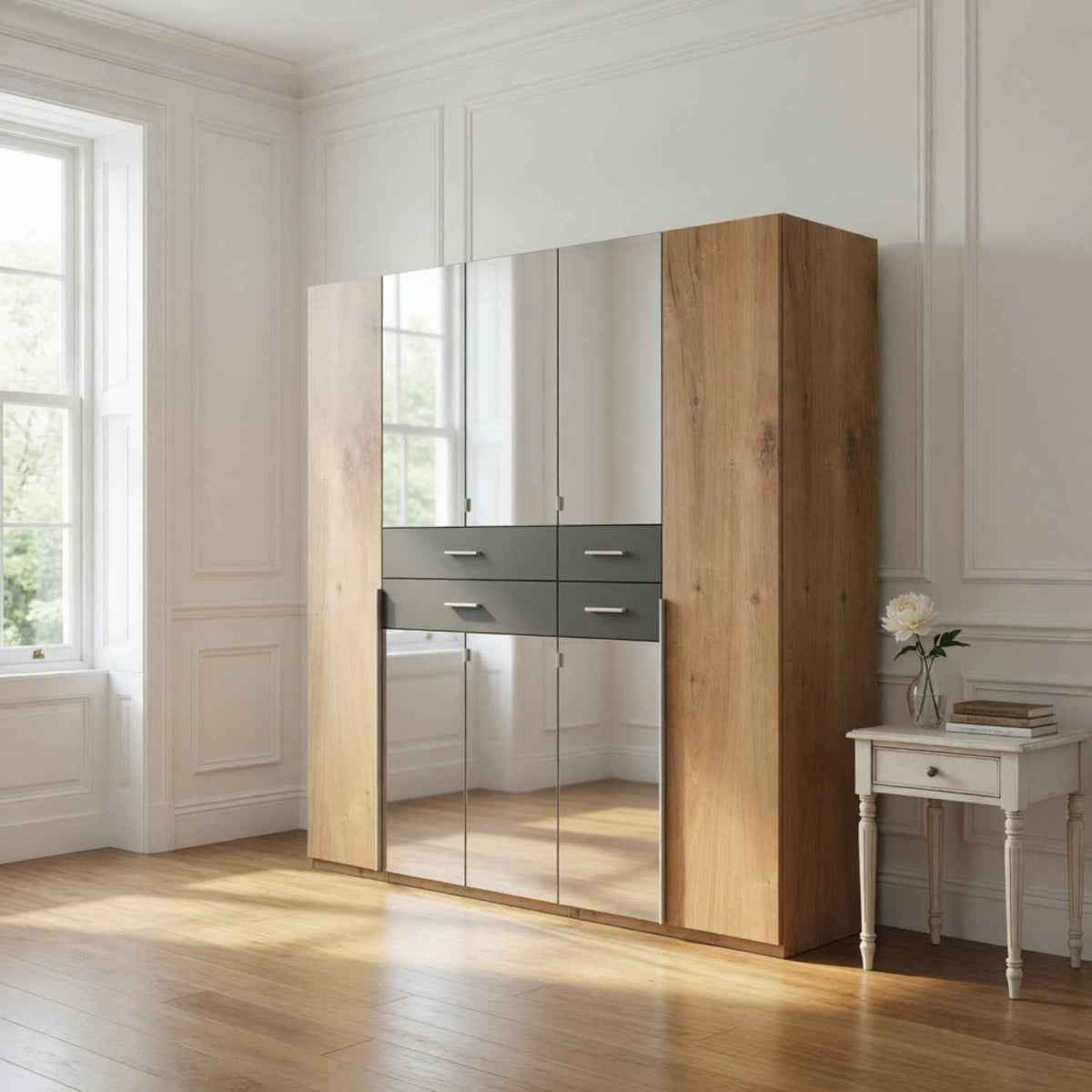Dorchester Planked Oak and Graphite 5 Door Wardrobe with Mirrors and Drawers