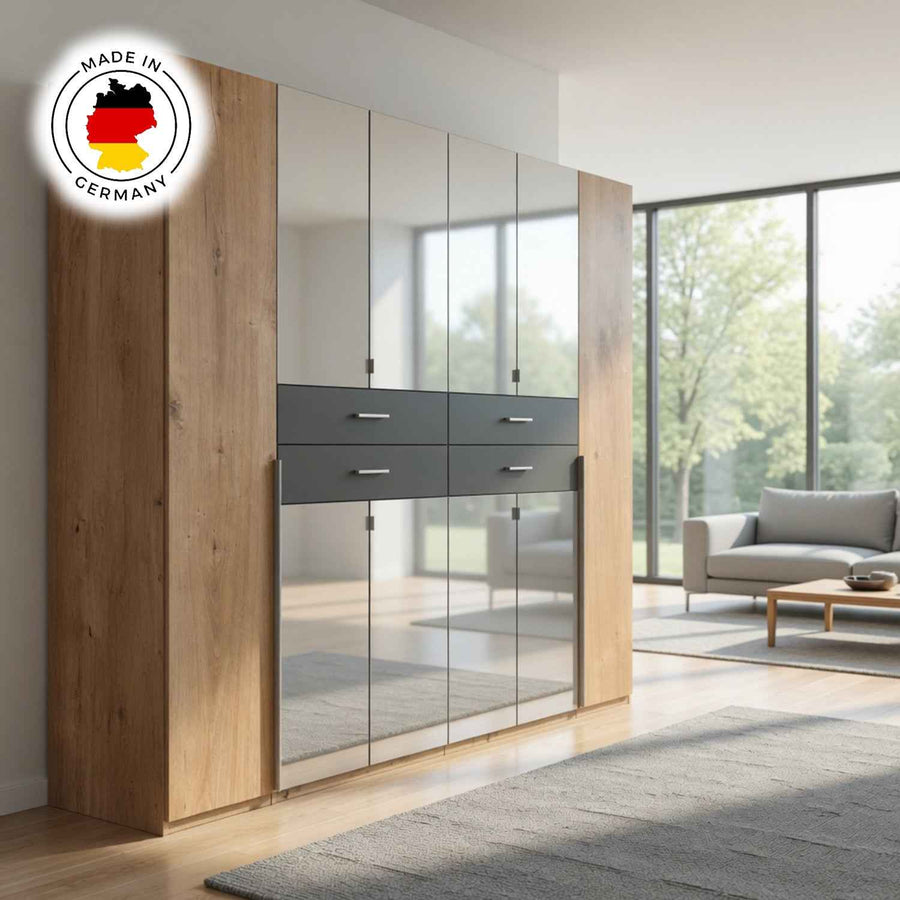 Dorchester Planked Oak and Graphite 5 Door Wardrobe with Mirrors and Drawers