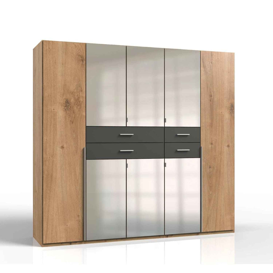 Dorchester Planked Oak and Graphite 5 Door Wardrobe with Mirrors and Drawers