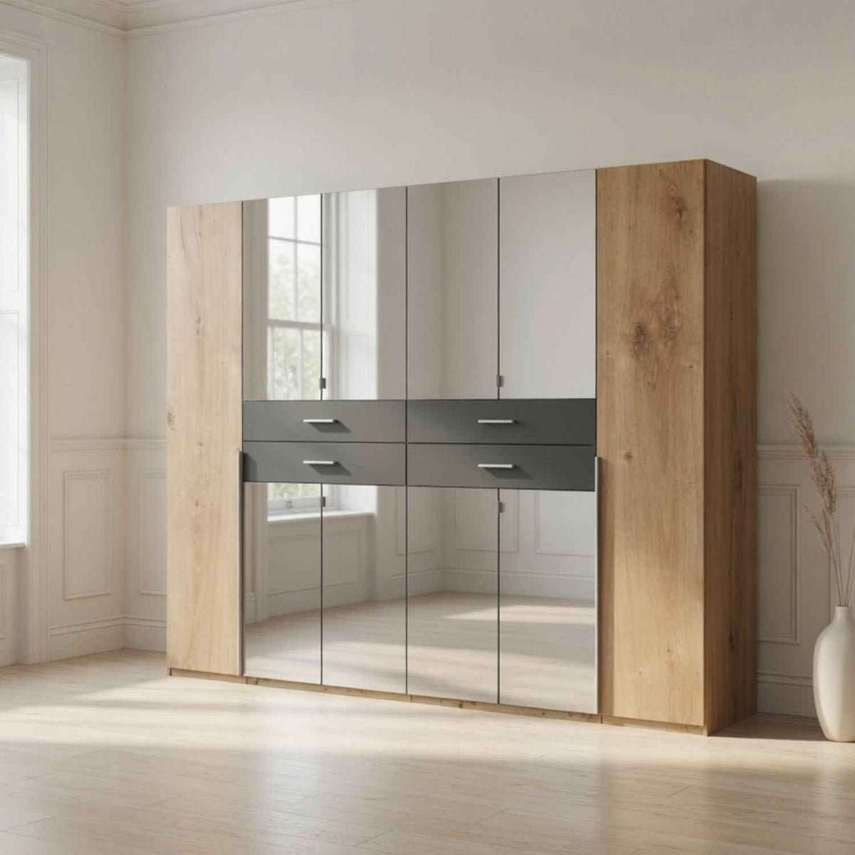 Dorchester Planked Oak and Graphite 6 Door Wardrobe with Mirrors and 4 Drawers