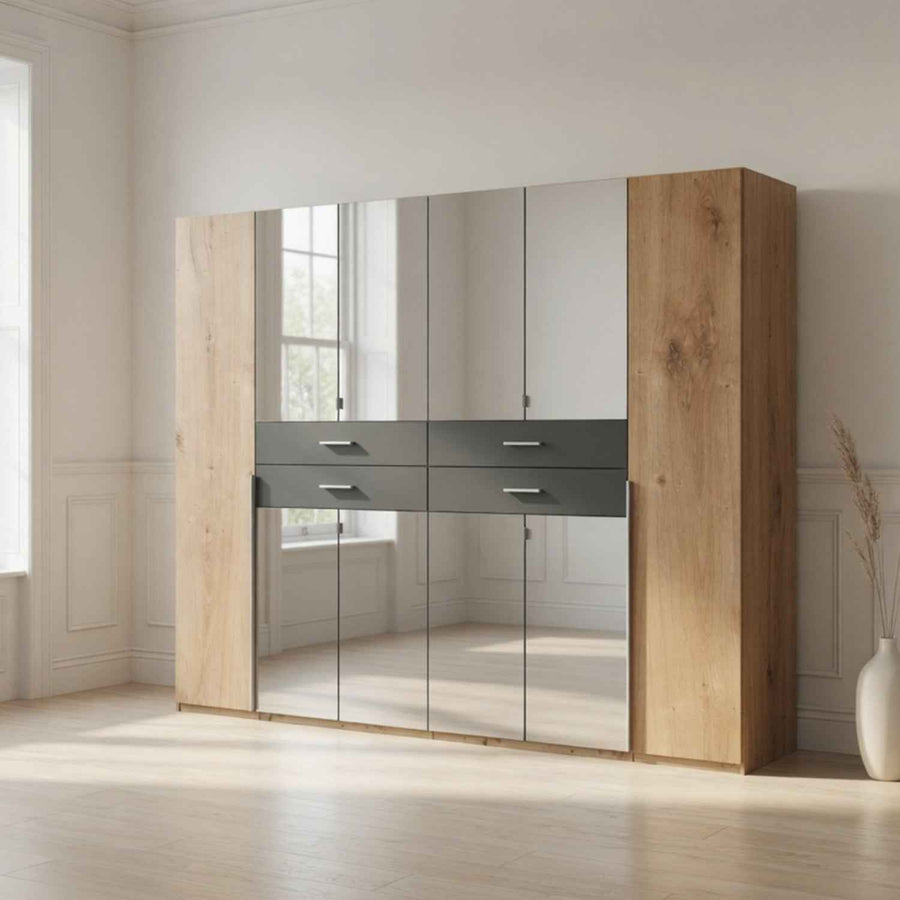 Dorchester Planked Oak and Graphite 6 Door Wardrobe with Mirrors and 4 Drawers