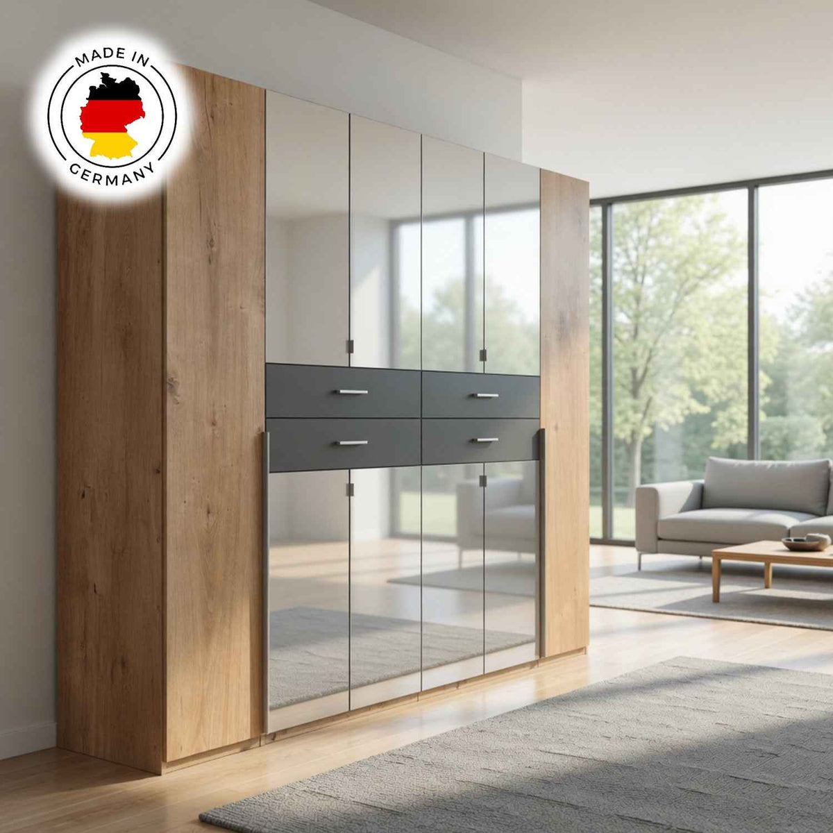 Dorchester Planked Oak and Graphite 6 Door Wardrobe with Mirrors and 4 Drawers