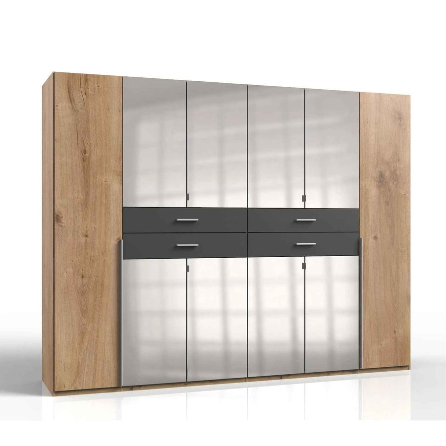 Dorchester Planked Oak and Graphite 6 Door Wardrobe with Mirrors and 4 Drawers