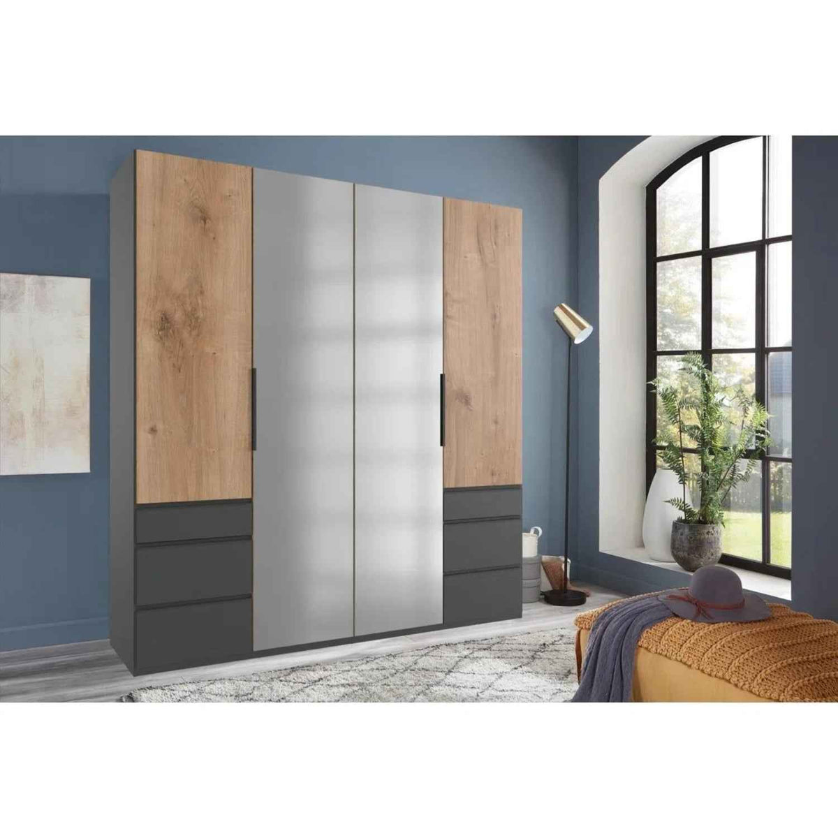 Guildford 4 Door Mirrored Wardrobe in Graphite and Plank Oak