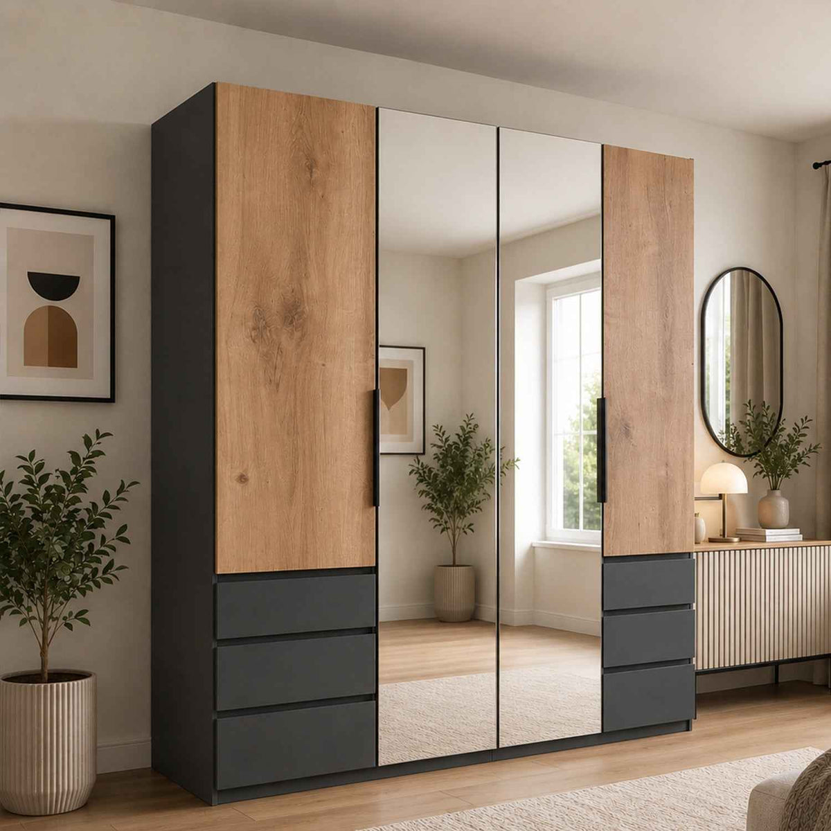 Guildford 4 Door Mirrored Wardrobe in Graphite and Plank Oak