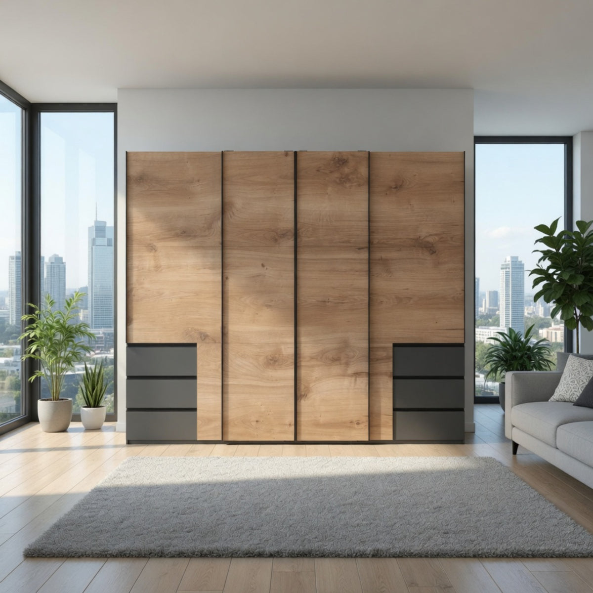 Guildford 4 Door Wardrobe with 6 Drawers in Planked Oak and Graphite - image 6