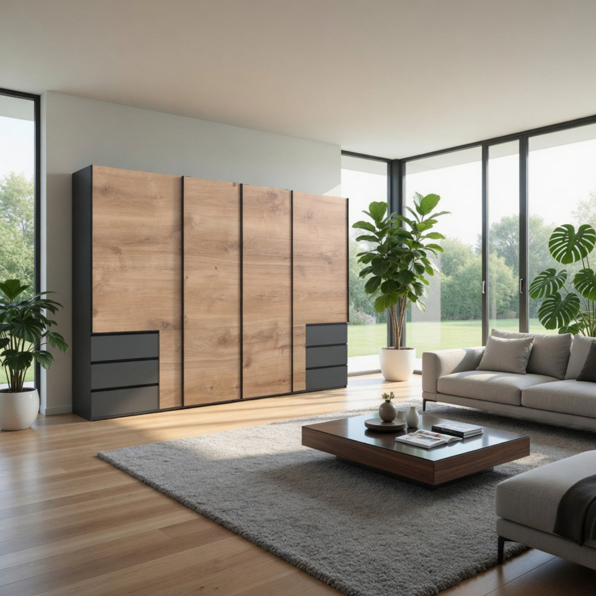 Guildford 4 Door Wardrobe with 6 Drawers in Planked Oak and Graphite - image 7