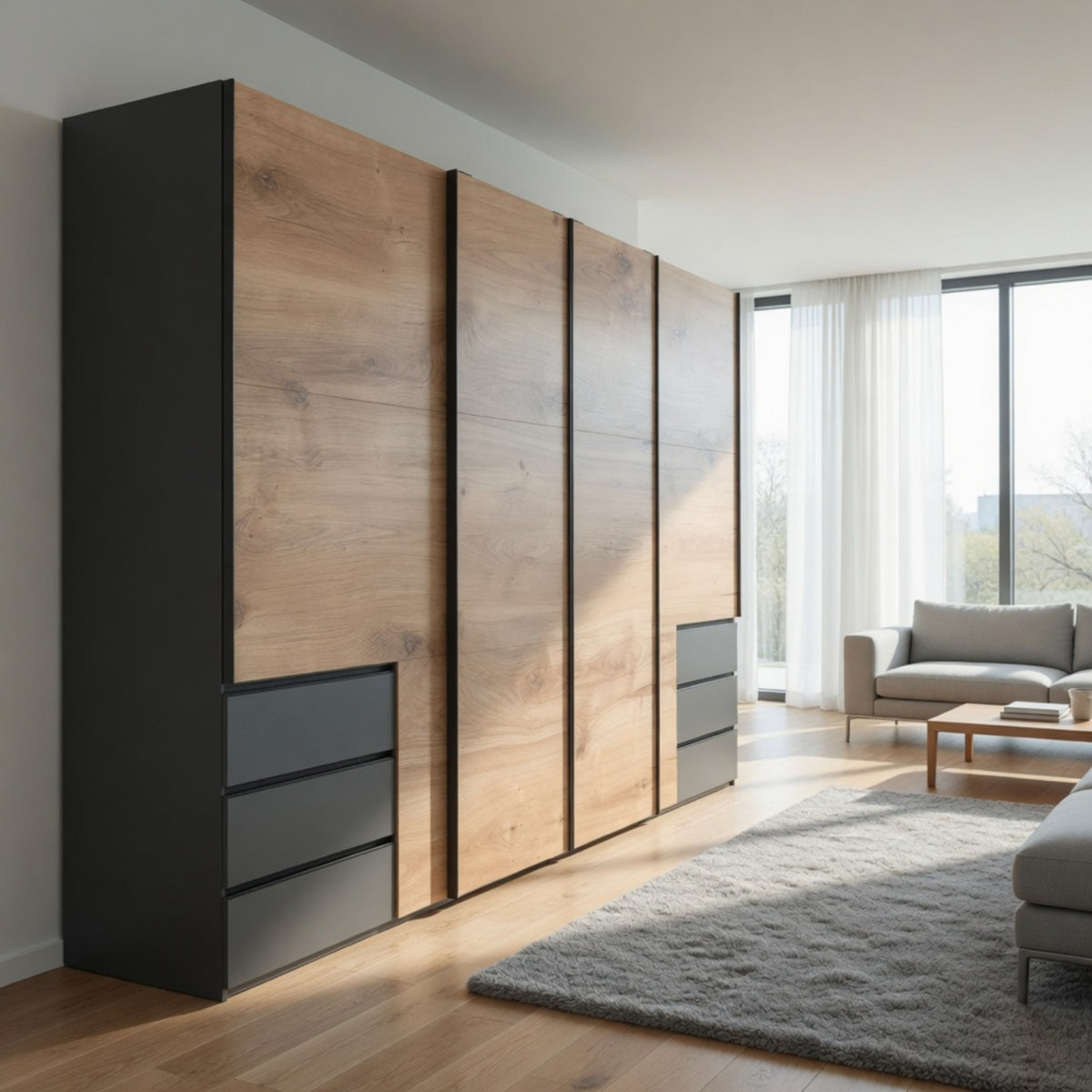 Guildford 4 Door Wardrobe with 6 Drawers in Planked Oak and Graphite - image 8