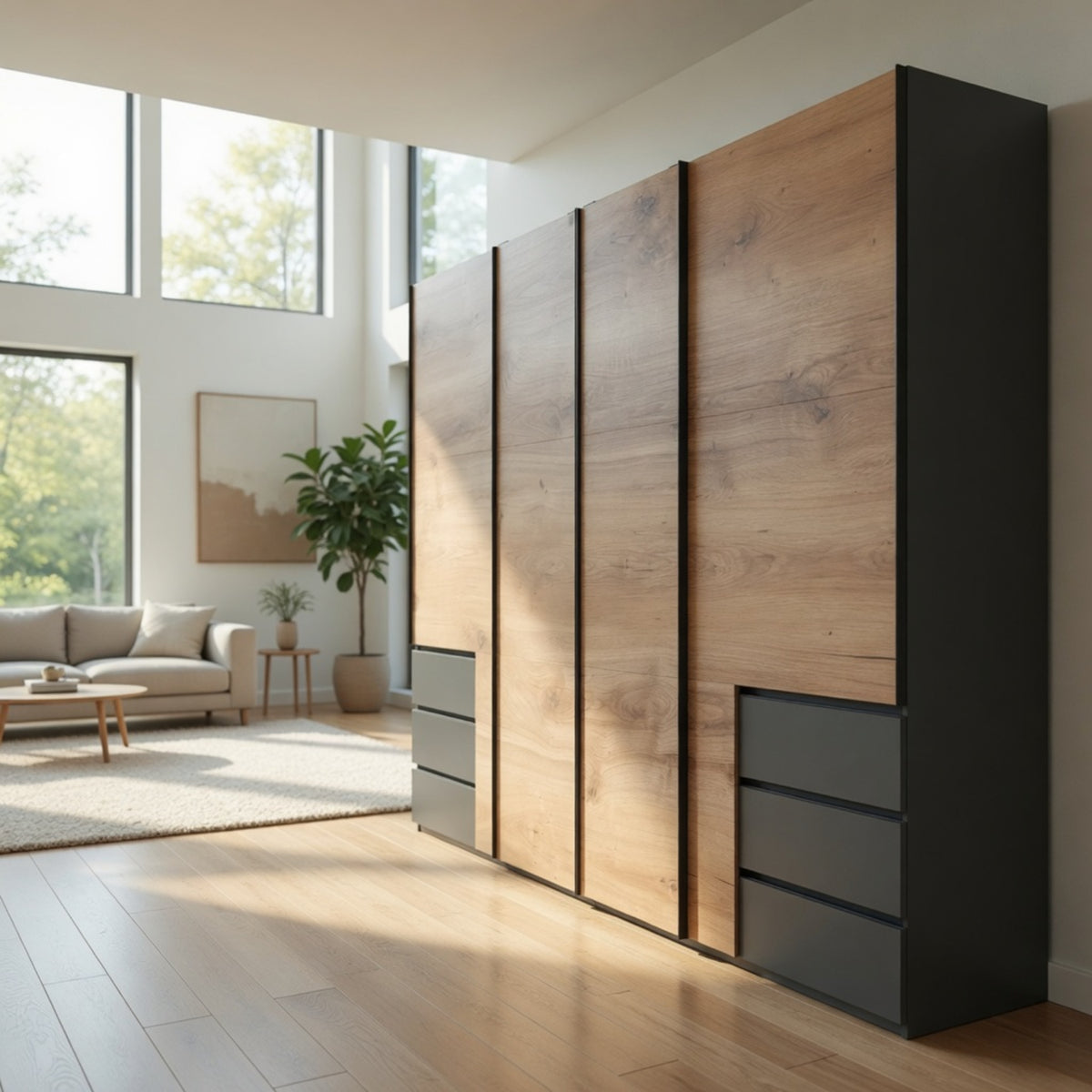 Guildford 4 Door Wardrobe with 6 Drawers in Planked Oak and Graphite - image 9