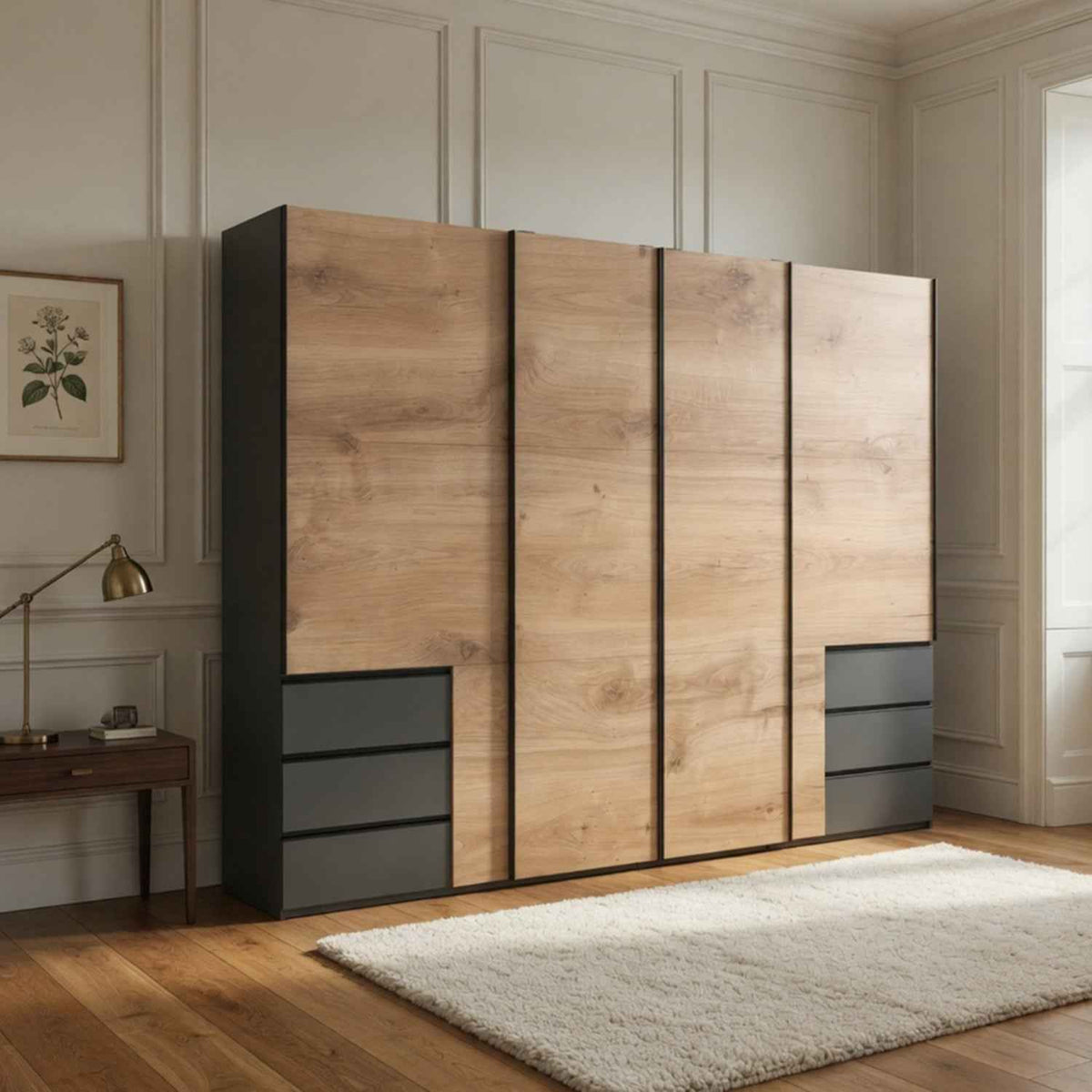 Guildford 4 Door Wardrobe with 6 Drawers in Planked Oak and Graphite