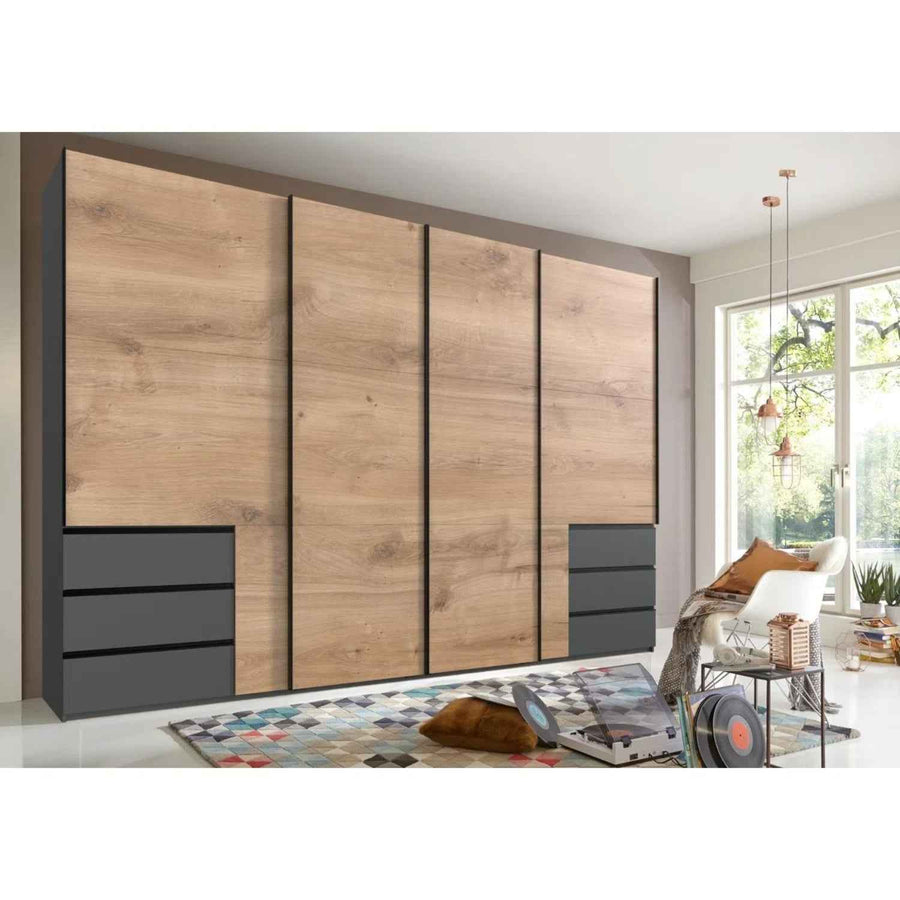 Guildford 4 Door Wardrobe with 6 Drawers in Planked Oak and Graphite