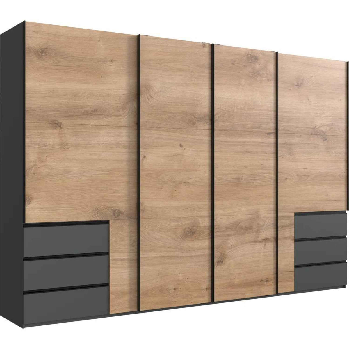 Guildford 4 Door Wardrobe with 6 Drawers in Planked Oak and Graphite