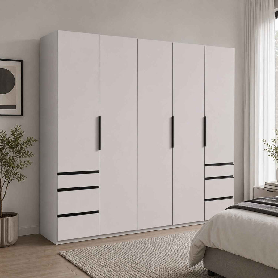 Guildford 5 Door Wardrobe in White with Black Handle Detail