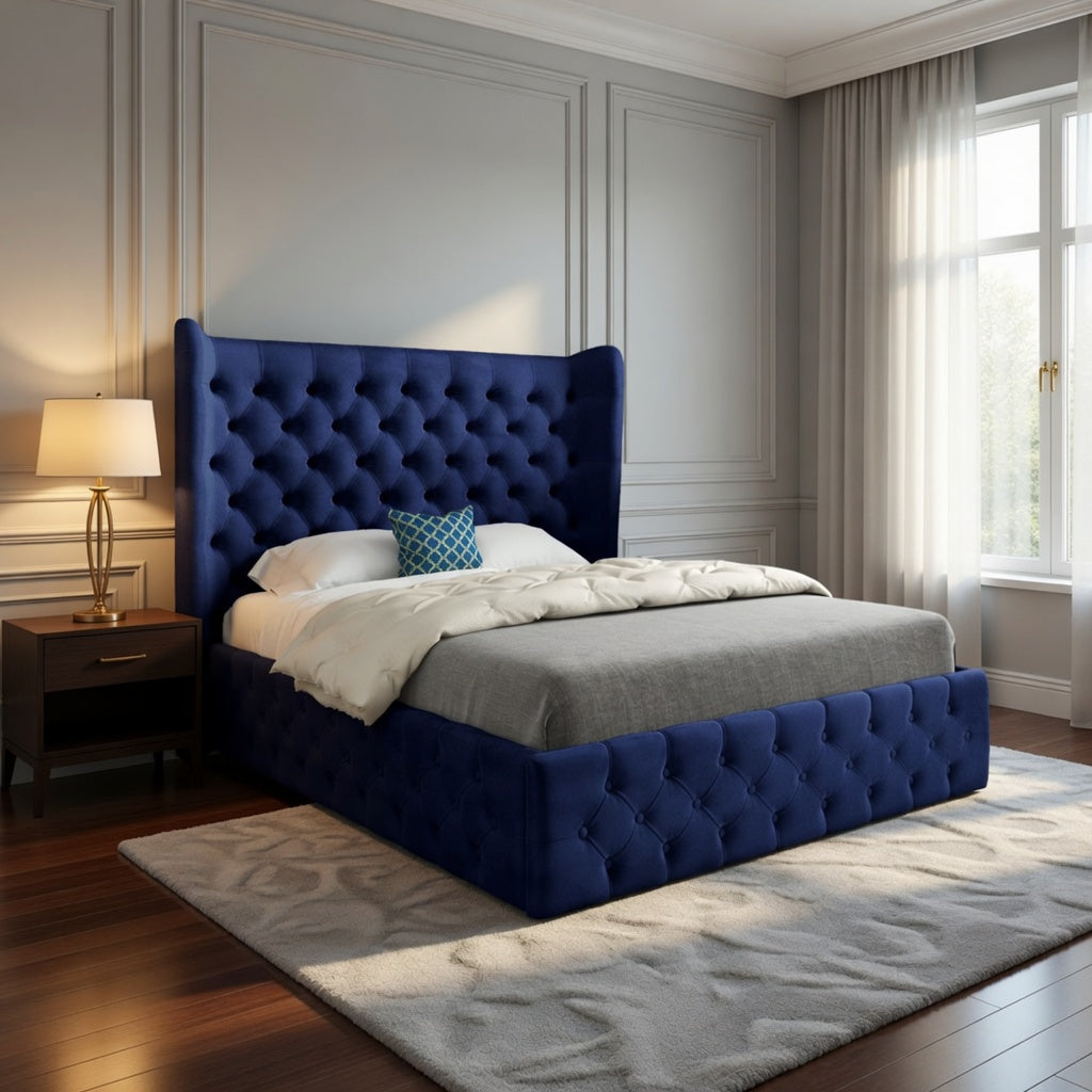 Dreamer Wide Winged Upholstered Soft Velvet Designer Bed Frame
