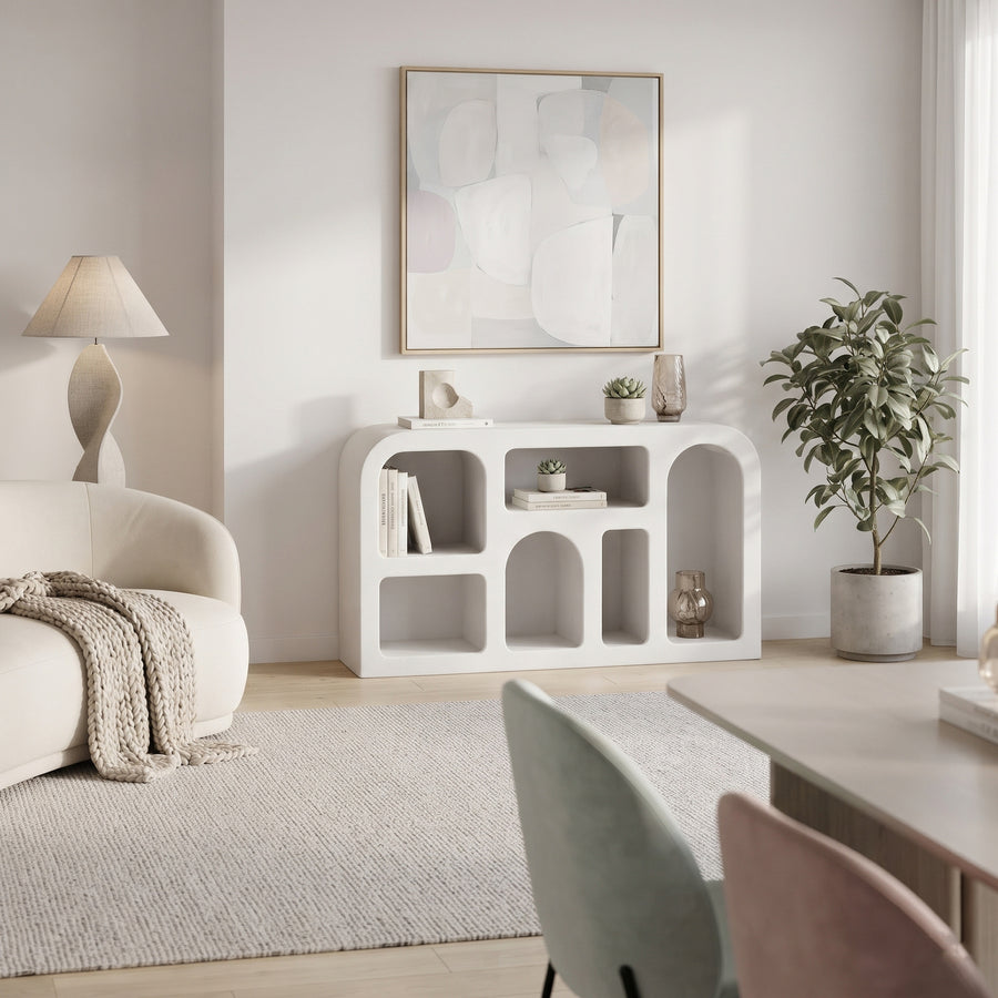 Orbica White Geometric Boho Sideboard with Open Shelves
