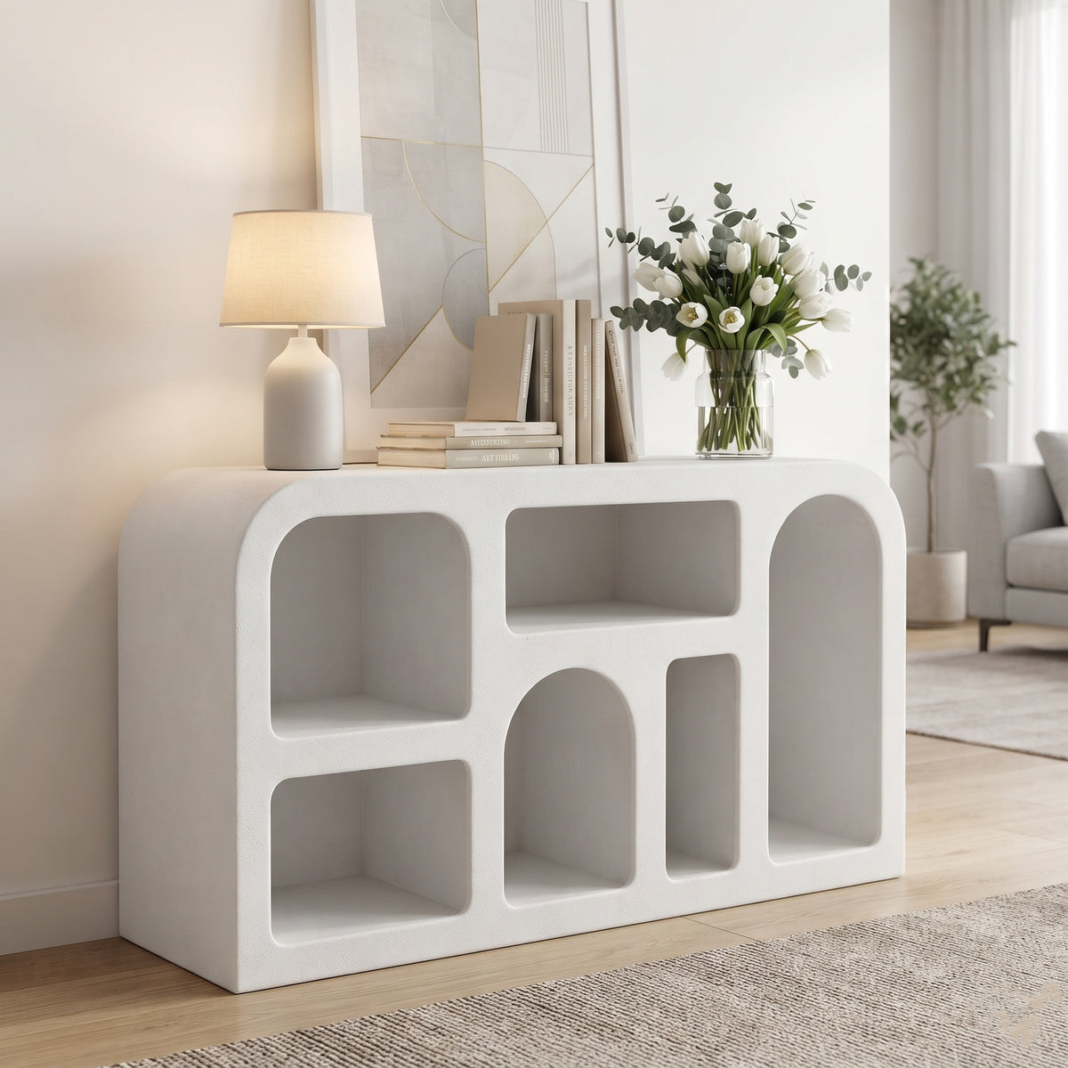 Orbica White Geometric Boho Sideboard with Open Shelves