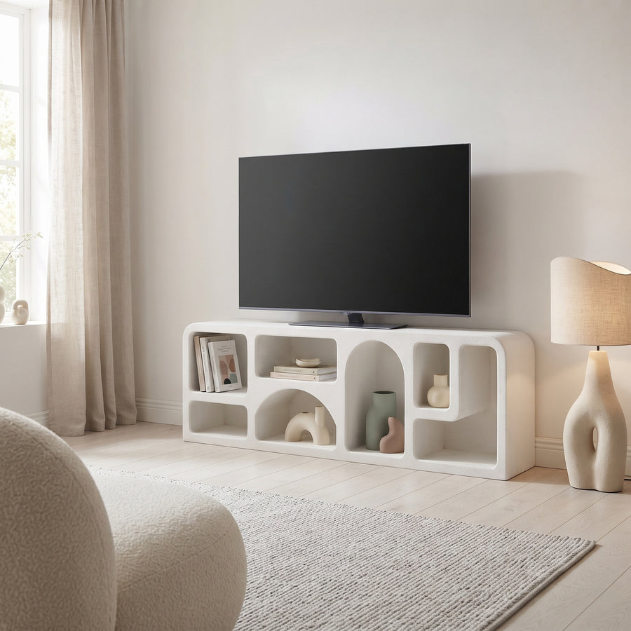 Orbica White Large Geometric Boho TV Cabinet with Open Shelves