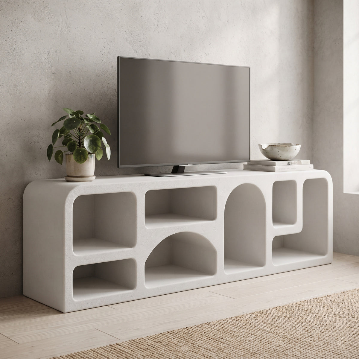 Orbica White Large Geometric Boho TV Cabinet with Open Shelves - image 2