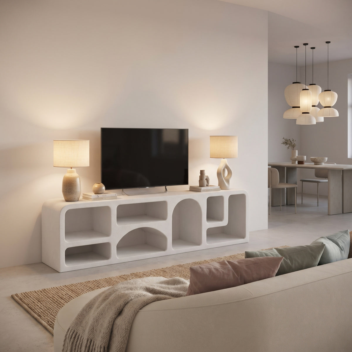 Orbica White Large Geometric Boho TV Cabinet with Open Shelves - image 3