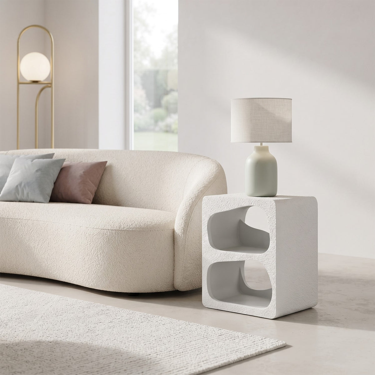 Orbica White Block Textured Finish Side Table with Storage