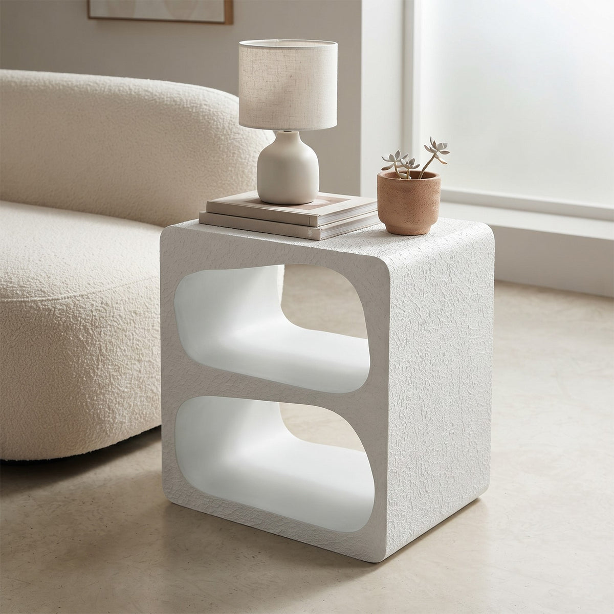 Orbica White Block Textured Finish Side Table with Storage