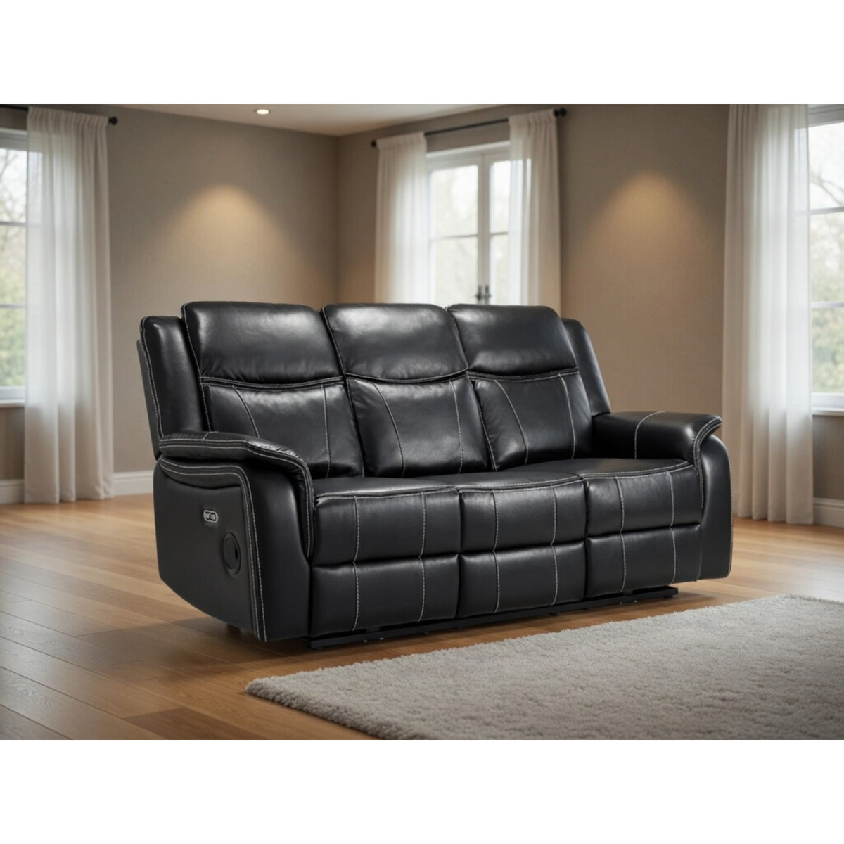 Galaxy Tech Electric Recliner 3 Seater Leather in Black