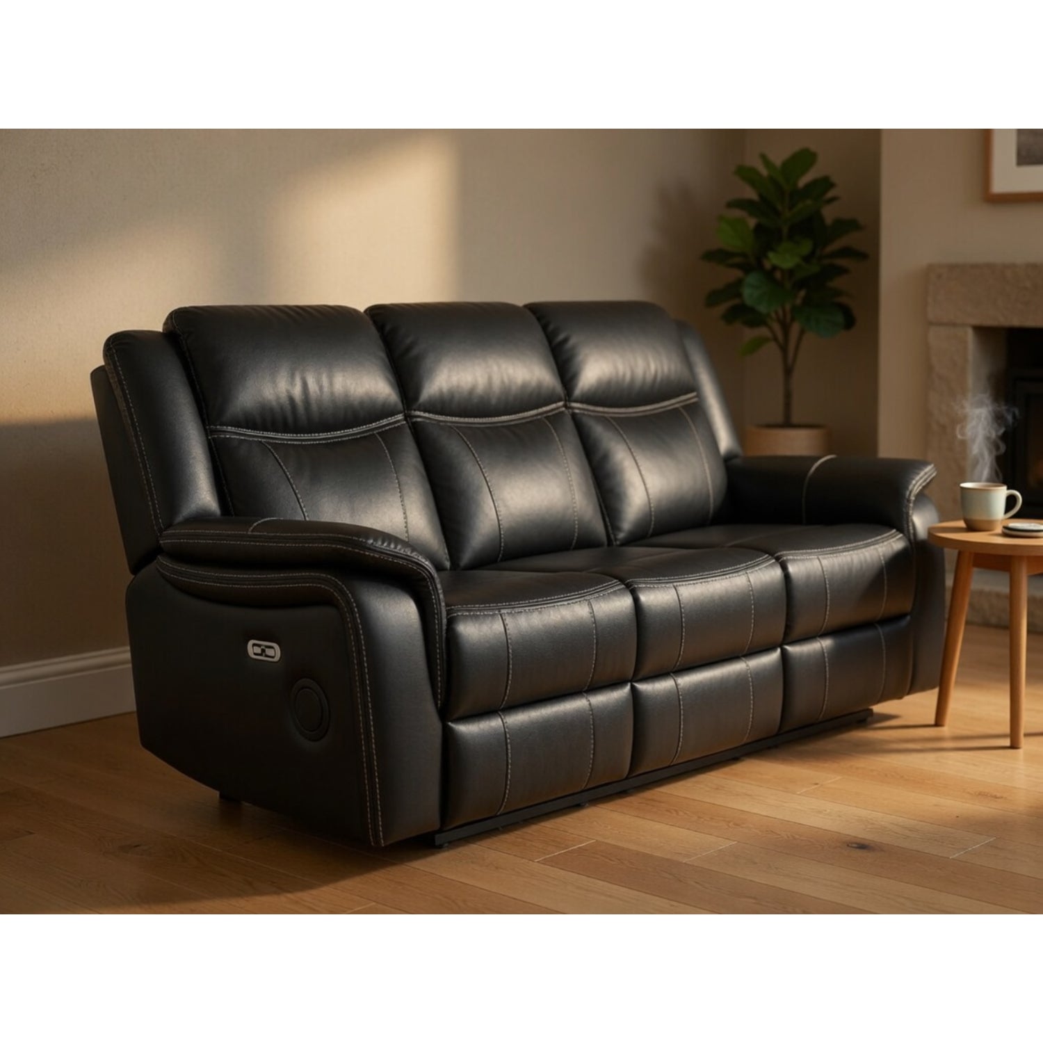Galaxy Tech Electric Recliner 3 Seater Leather in Black