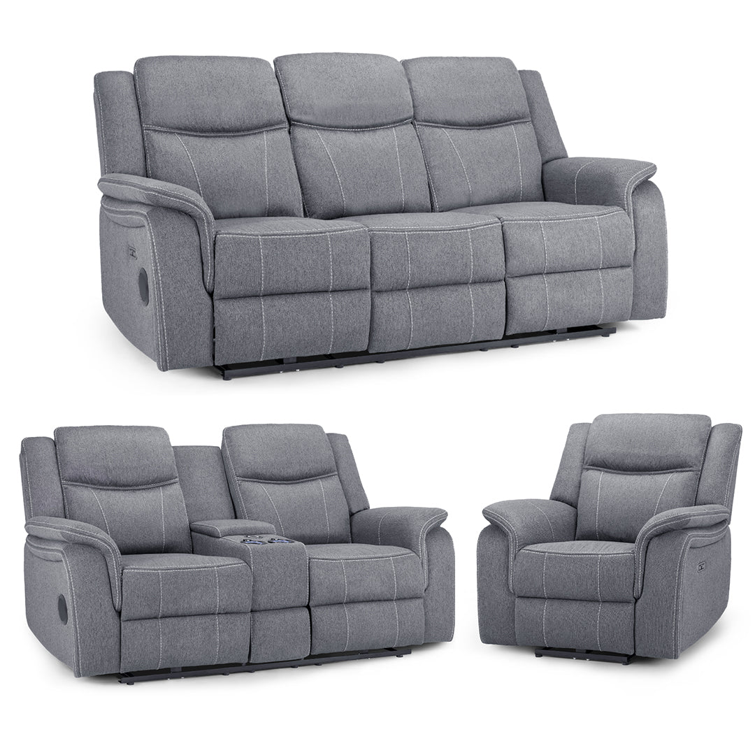 Galaxy Tech Electric Recline  3+2+1  Sofa Set In Grey Fabric