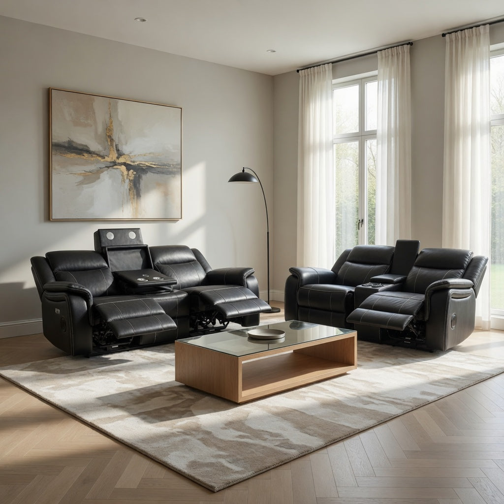 Galaxy Tech Electric Recliner 3+2 Sofa Set in  Black
