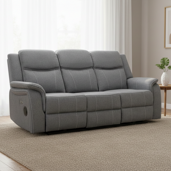 Galaxy Tech Recliner Fabric 3 Seater In Grey